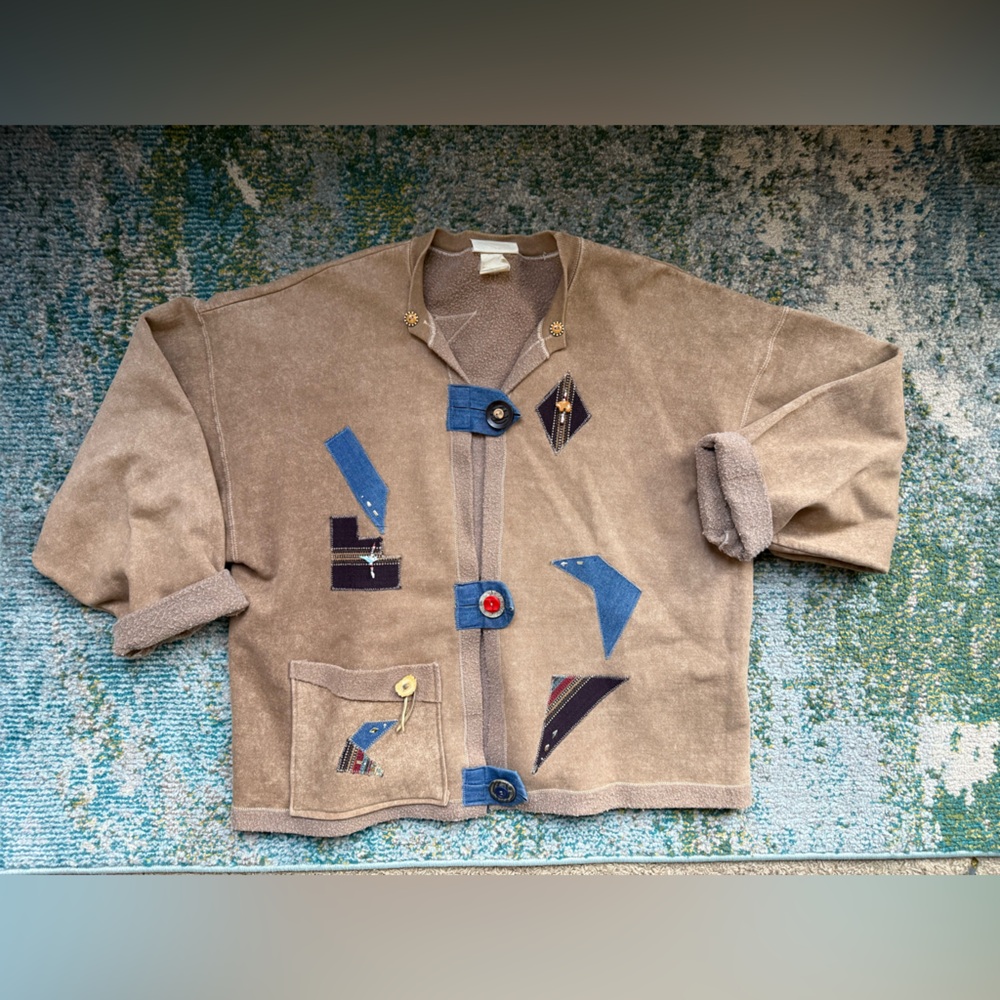Vintage 90s Creative Coyote denim beaded appliqué button sweatshirt, size large
